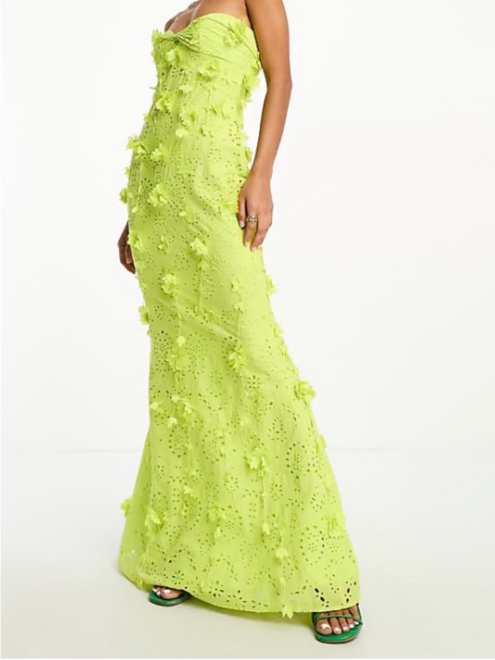 ASOS Lime Green Strapless Maxi Dress with 3D Floral Appliqués